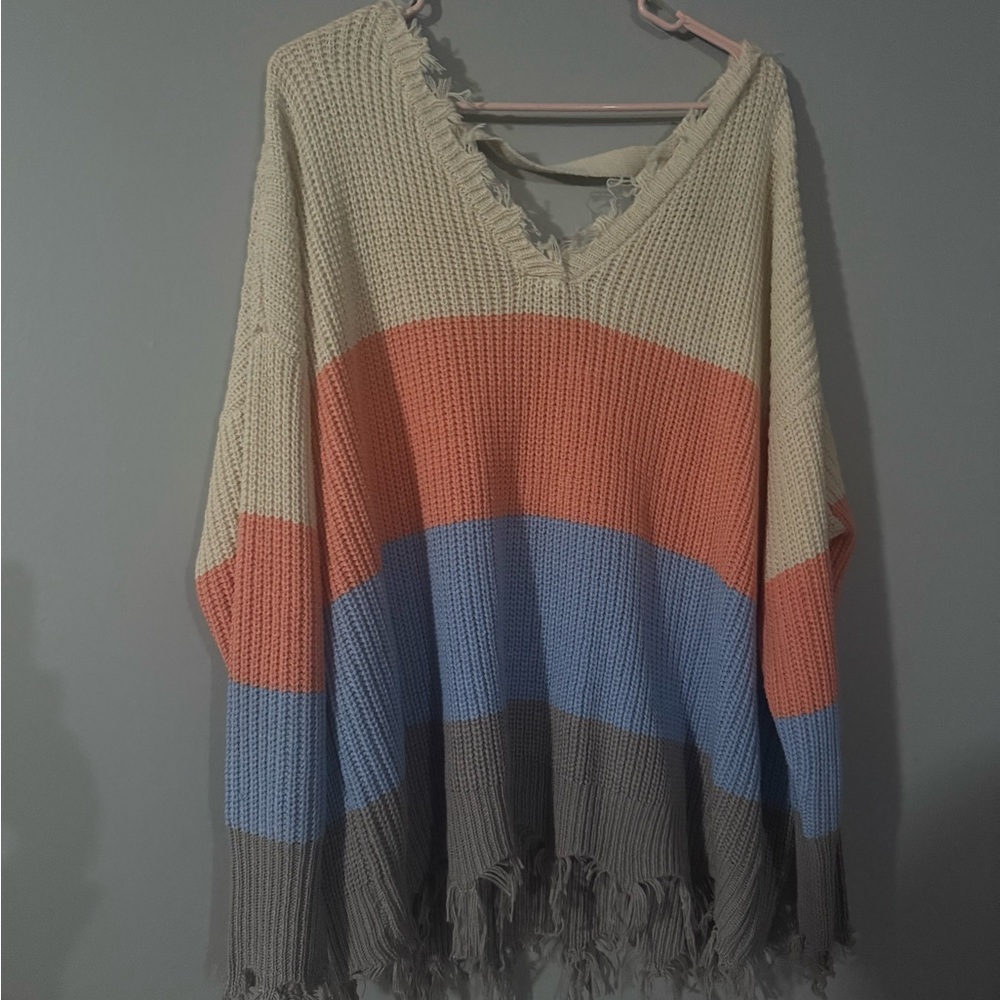 Rue21 Striped V-Neck Sweater in Cream, Orange, Blue, and Gray